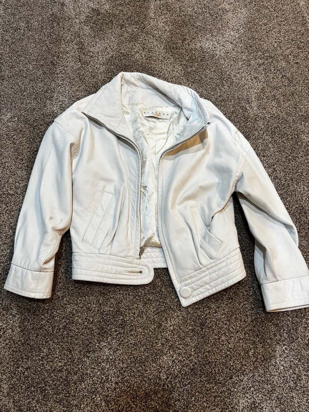 Stavros New York Vintage White Leather Bomber Jacket Size 4